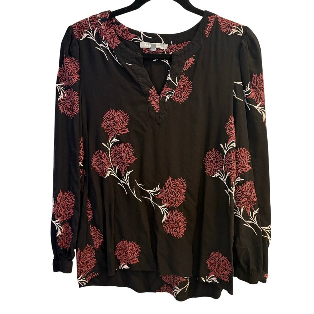 Daniel Rainn Francesca Floral Embroidered Blouse Black Rust Boho Peasant Small